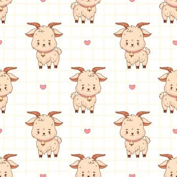 Seamless pattern with Cute Little Goat on white checkered background with h.. Stock Illustration