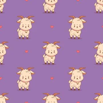 Seamless pattern with Cute Little Goat with bell on purple background with .. Illustrazione stock