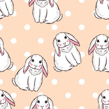 Seamless pattern with cute little hares with polka dots on beige background Stock Illustration