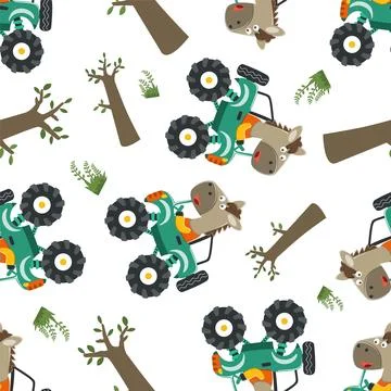 Seamless pattern of Cute little horse and driving a monster car go to forest Stock Illustration