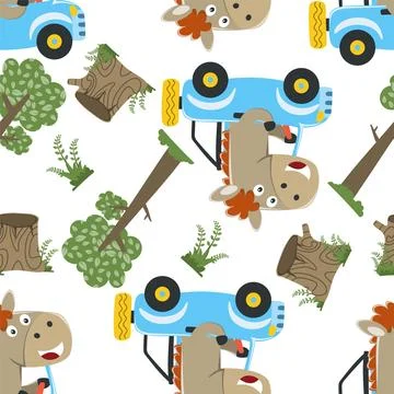 Seamless pattern of cute little horse driving a car go to forest Stock Illustration
