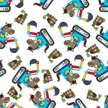 Seamless pattern of Cute little horse on a red excavator. 스톡 일러스트