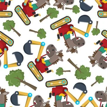Seamless pattern of Cute little horse on a red excavator. 스톡 일러스트