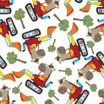 Seamless pattern of Cute little horse on a red excavator. Stock Illustration