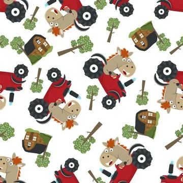 Seamless pattern of Cute little horse on a red excavator. 스톡 일러스트