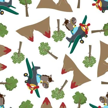 Seamless pattern of Cute little horse flying on a airplane. Illustrazione stock