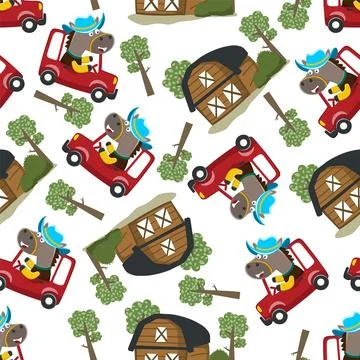 Seamless pattern of cute little horse driving a car go to forest Illustrazione stock