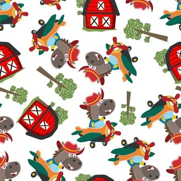 Seamless pattern of Cute little horse flying on a airplane. Stock Illustration