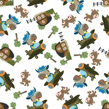 Seamless pattern of Cute little horse flying on a airplane. Stock Illustration
