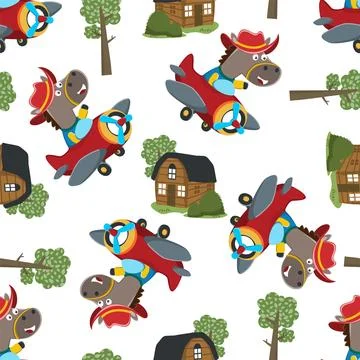 Seamless pattern of Cute little horse flying on a airplane. Stock Illustration