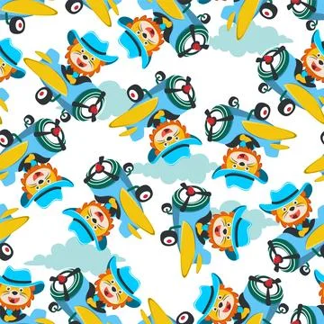 Seamless pattern of Cute little lion flying on a airplane. Stock Illustration