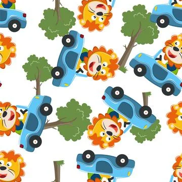 Seamless pattern of cute little lion driving a car go to forest Illustrazione stock