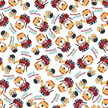 Seamless pattern of Cute little lion on excavator. 스톡 일러스트