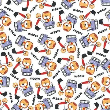 Seamless pattern of Cute little lion on excavator. Stock Illustration