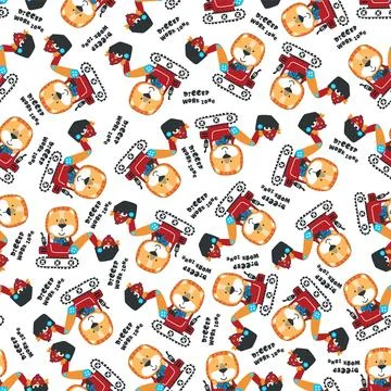 Seamless pattern of Cute little lion on excavator. Can be used for t-shirt 스톡 일러스트
