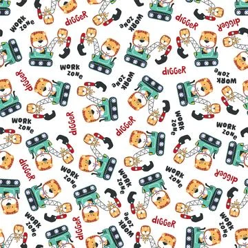 Seamless pattern of Cute little lion on excavator. 스톡 일러스트