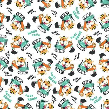 Seamless pattern of Cute little lion on excavator. Stock Illustration