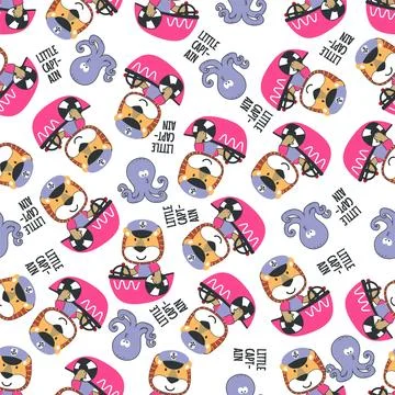 Seamless pattern with cute little lion the sailor, Stock Illustration