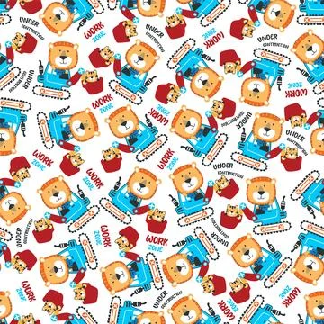 Seamless pattern of Cute little lion on excavator. Can be used for t-shirt .. Stock Illustration