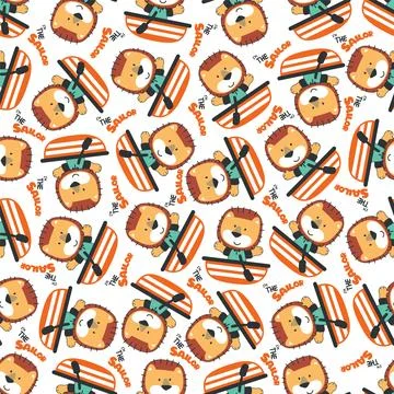 Seamless pattern with cute little lion the sailor, Stock Illustration