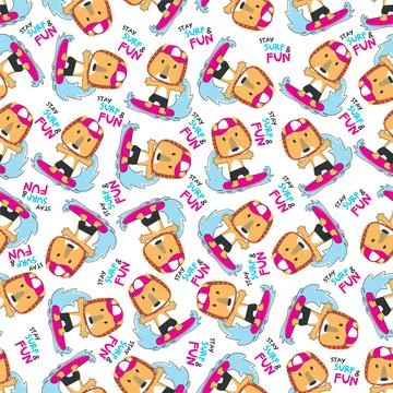 Seamless pattern of cute little lion with a surfboard, Stock Illustration