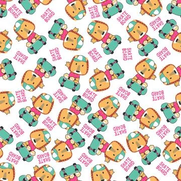Seamless pattern with cute little lion on skate board, For fabric textile, .. Stock Illustration