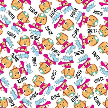 Seamless pattern of cute little lion with a surfboard, Illustrazione stock