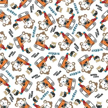 Seamless pattern of Cute little monkey on excavator. Stock Illustration