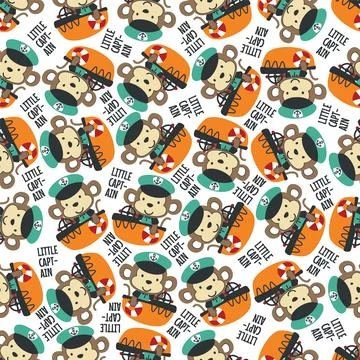 Seamless pattern with cute little monkey the sailor, Stock Illustration