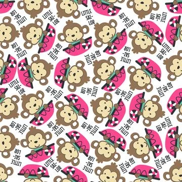 Seamless pattern with cute little monkey the sailor, Cute Marine pattern Stock Illustration
