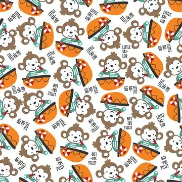 Seamless pattern with cute little monkey the sailor, Stock Illustration