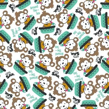 Seamless pattern with cute little monkey the sailor, Stock Illustration