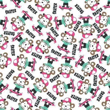 Seamless pattern with cute little monkey on skate board, For fabric textile.. 库存插图