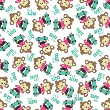 Seamless pattern with cute little monkey on skate board, For fabric textile.. 库存插图