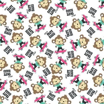 Seamless pattern with cute little monkey on skate board, Stock Illustration