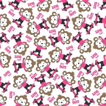Seamless pattern with cute little monkey on skate board, Stock Illustration
