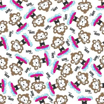 Seamless pattern of cute little monkey with a surfboard, Stock Illustration