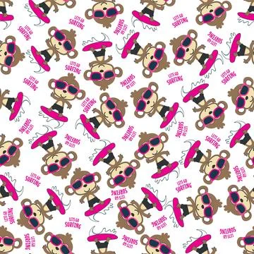 Seamless pattern of cute little monkey with a skate board, 库存插图
