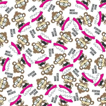 Seamless pattern of cute little monkey with a surfboard, Stock Illustration