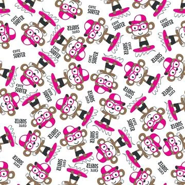 Seamless pattern of cute little monkey with a surfboard, Stock Illustration