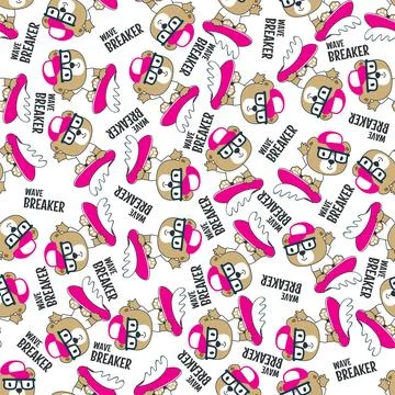 Seamless pattern of cute little monkey with a surfboard, Stock Illustration