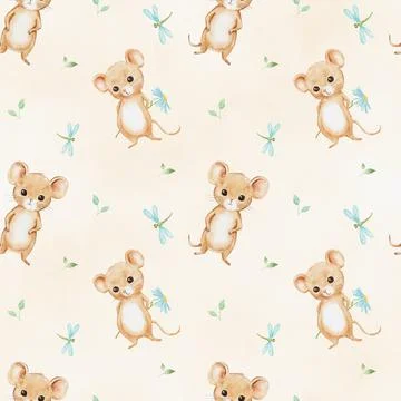 Seamless pattern with cute little mouse character on beige background. Endless Stock Illustration