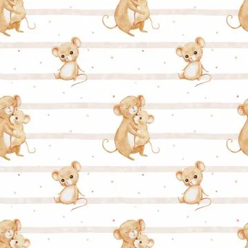 Seamless pattern with cute little mouse character on beige striped background Stock Illustration