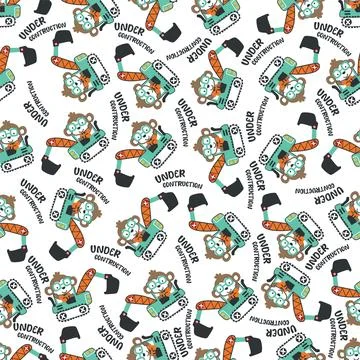 Seamless pattern of Cute little nonkey on excavator. 스톡 일러스트