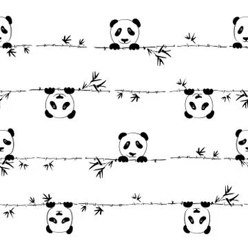 Seamless pattern cute little panda with branch bamboo. Vector Stock Illustration