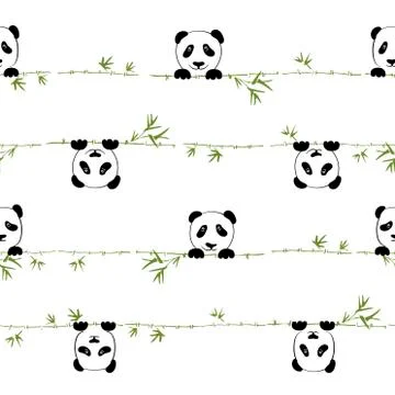 Seamless pattern cute little panda with branch bamboo. Vector Stock Illustration