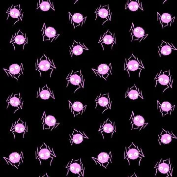 Seamless pattern of cute little pink spiders on black background. Halloween v 스톡 일러스트