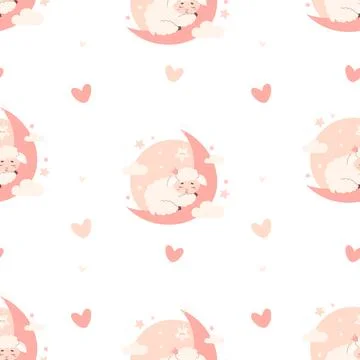 Seamless pattern with cute little sleeping sheep on moon on white backgroun.. Stock Illustration