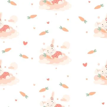 Seamless pattern with cute little sleeping rabbit with carrot on cloud on w.. イラスト素材