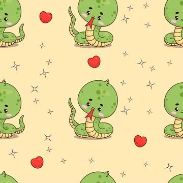 Seamless pattern with cute little snake on yellow background. Cartoon funny.. Stockillustratie